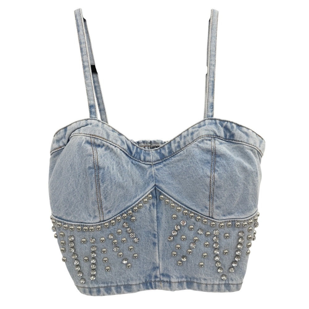 Blank NYC Light Wash Starstruck Embellished Denim Crop Top Small Festival Rodeo